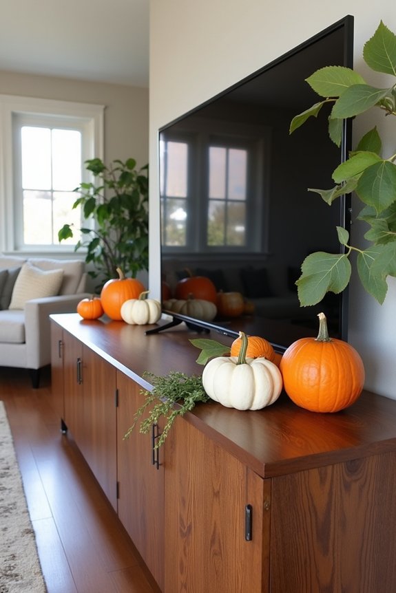 autumnal pumpkin and gourd arrangement