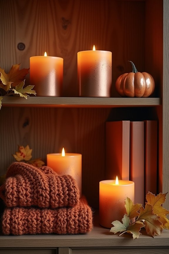candlelit autumn bookshelf decor