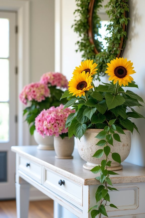 colorful planters enhance entryway