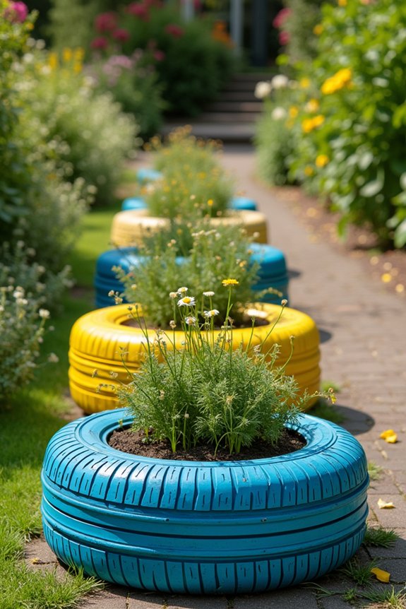 colorful tire garden planters