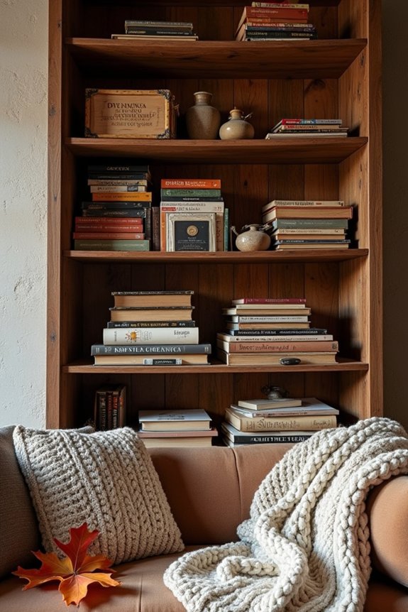 cozy textiles enhance bookshelf comfort