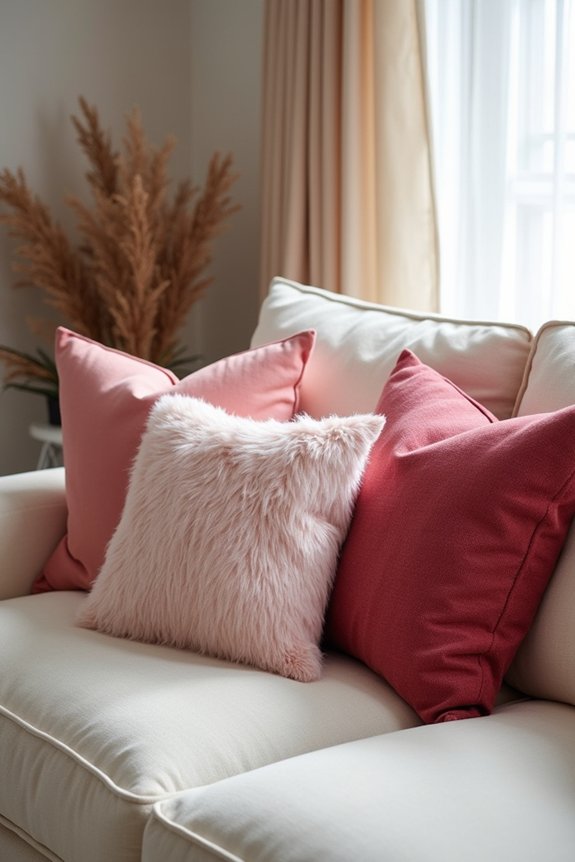 layered rose and red pillows