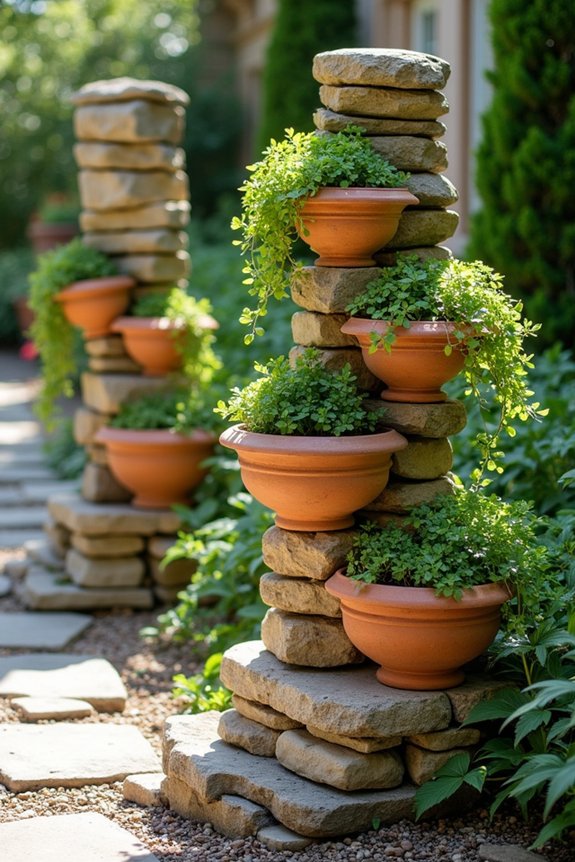 layered terracotta stone planters