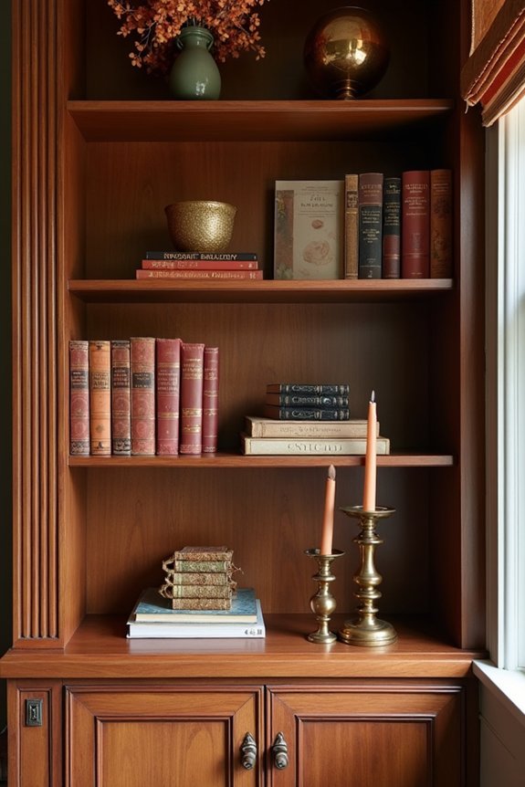 metallic warmth enhances shelves