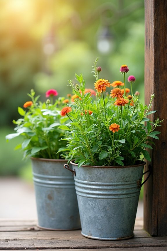 rustic galvanized bucket gardens