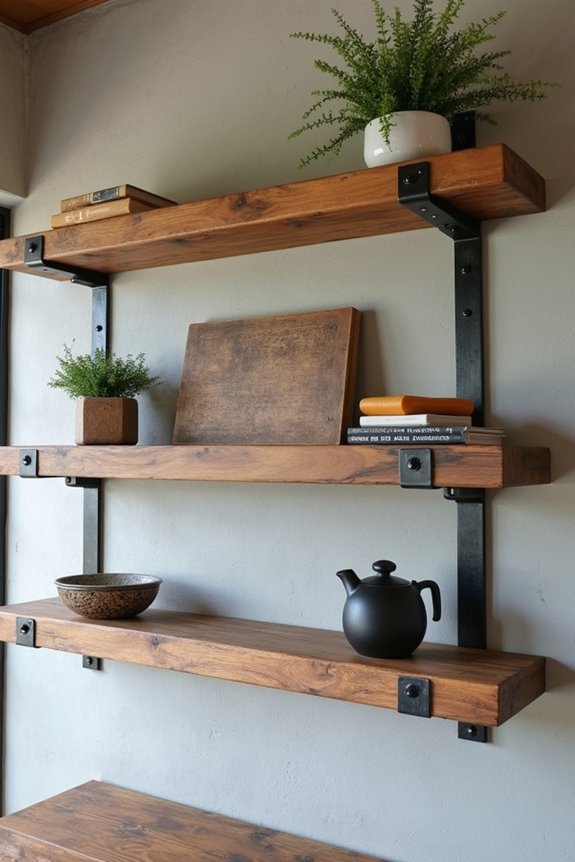 rustic shelves with industrial brackets