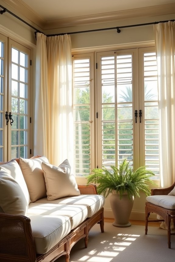 sheer curtains with wooden shutters