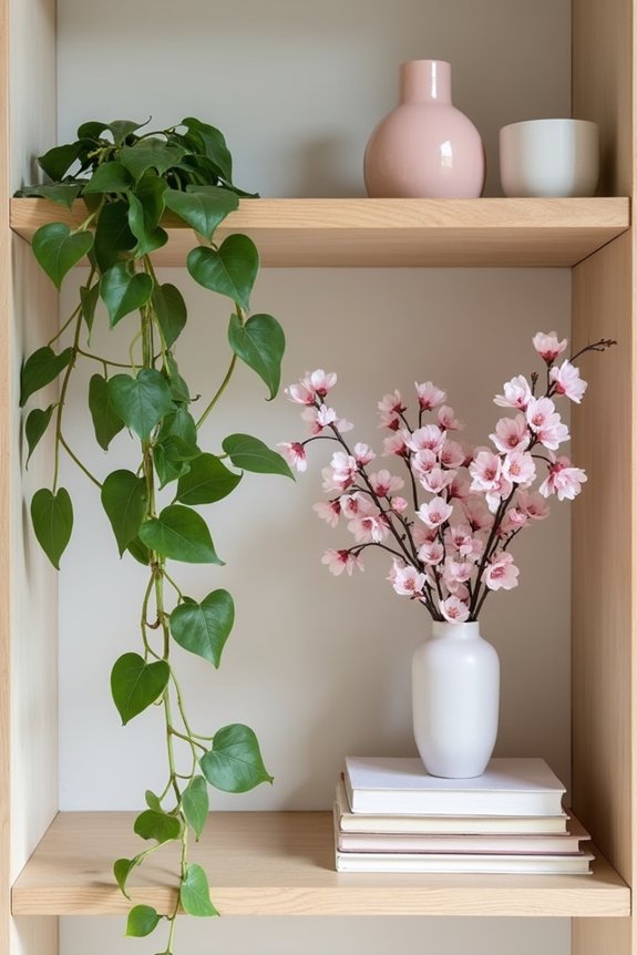 spring inspired bookshelf decor