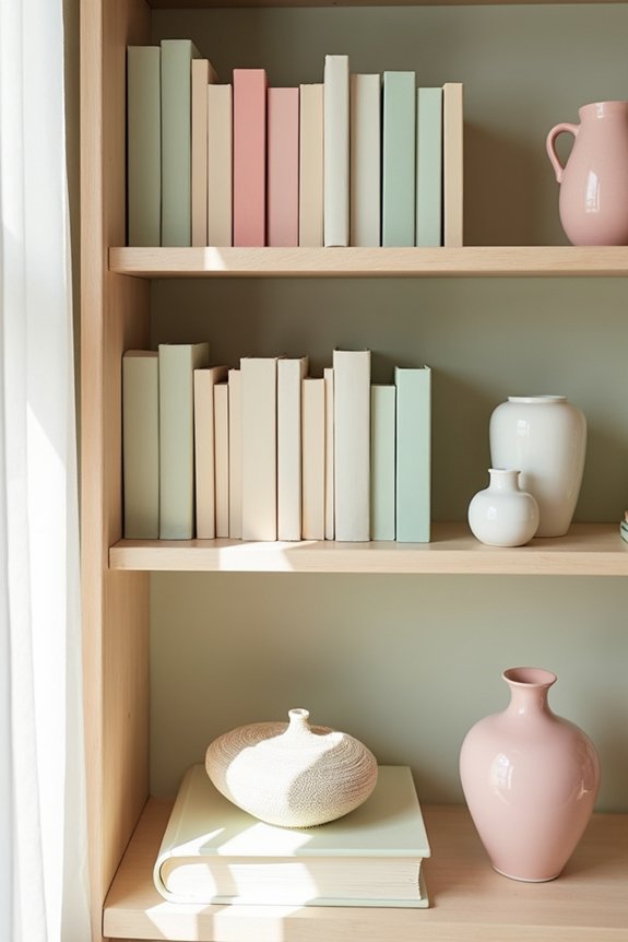spring pastel bookshelf decor